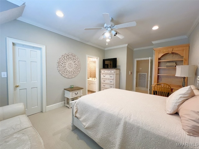 7178 Wyngrove Dr, Montgomery, AL 36117 - bedroom featuring light colored carpet, crown molding, recessed lighting, baseboards, and connected bathroom