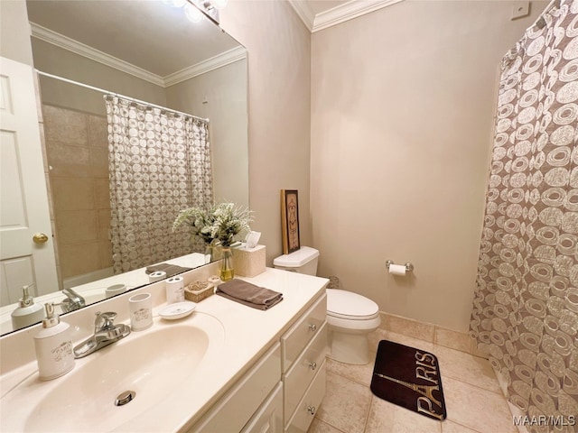 7178 Wyngrove Dr, Montgomery, AL 36117 - bathroom with crown molding, toilet, vanity, a shower with shower curtain, and tile patterned flooring