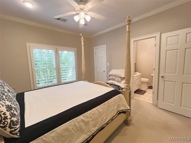 7178 Wyngrove Dr, Montgomery, AL 36117 - bedroom with light carpet, ornamental molding, ensuite bath, and ceiling fan