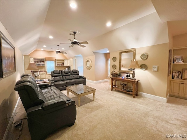 7178 Wyngrove Dr, Montgomery, AL 36117 - living area with lofted ceiling, baseboards, ceiling fan, light carpet, and recessed lighting