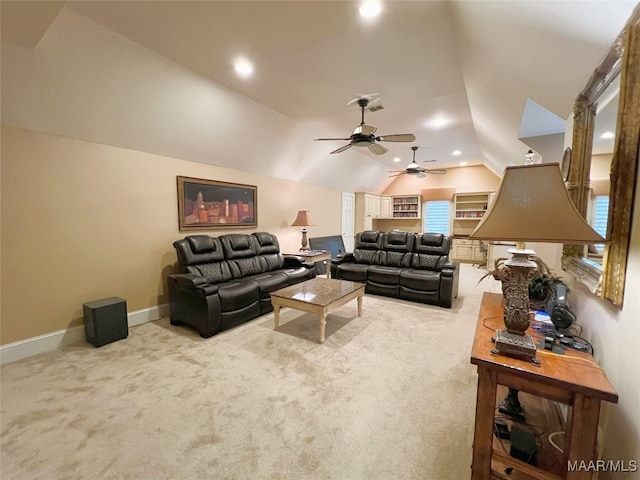 7178 Wyngrove Dr, Montgomery, AL 36117 - carpeted living area featuring vaulted ceiling, ceiling fan, baseboards, and recessed lighting