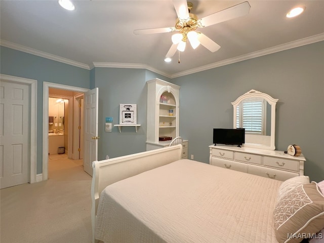 7178 Wyngrove Dr, Montgomery, AL 36117 - bedroom with crown molding, light carpet, recessed lighting, ceiling fan, and baseboards