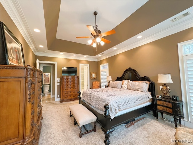7178 Wyngrove Dr, Montgomery, AL 36117 - bedroom with a tray ceiling, light colored carpet, crown molding, recessed lighting, and baseboards