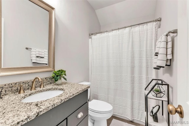 400 Lismore Pl, Montgomery, AL 36117 - full bathroom featuring vanity, toilet, vaulted ceiling, and a shower with shower curtain