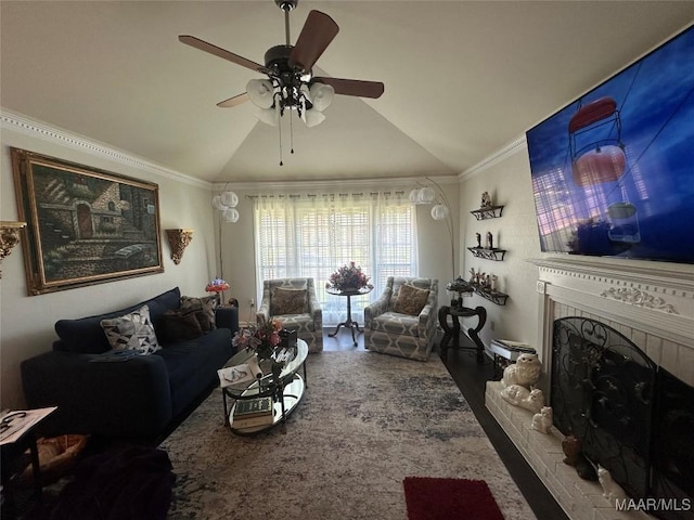 3932 Oak Ave, Montgomery, AL 36109 - living area with lofted ceiling, a ceiling fan, a fireplace, and crown molding