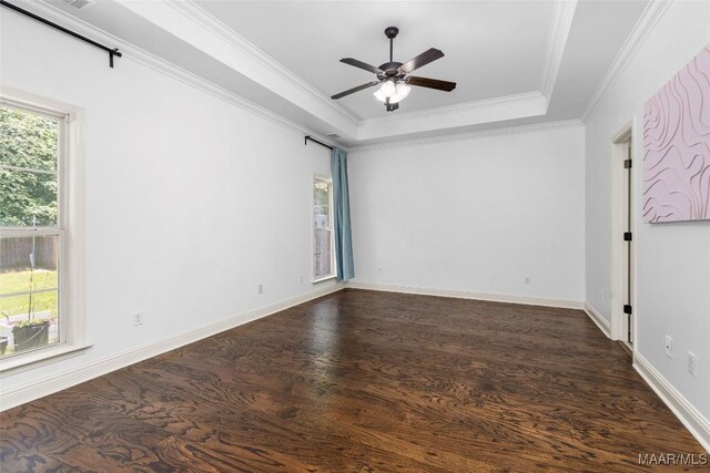 9148 Autumnbrooke Way, Montgomery, AL 36117 - empty room featuring plenty of natural light, dark wood-type flooring, a tray ceiling, ornamental molding, and a ceiling fan