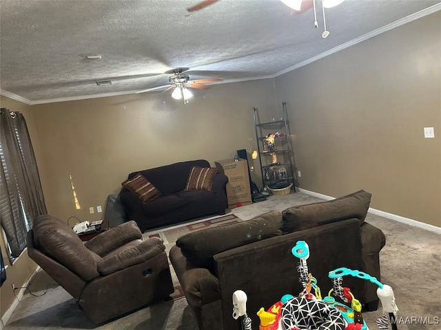 2276 E Aberdeen Dr, Montgomery, AL 36116 - living area with ceiling fan, carpet flooring, baseboards, a textured ceiling, and ornamental molding