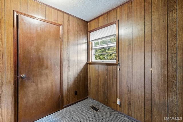 5241 County Road 48th Rd, Jemison, AL 35085 - spare room featuring wooden walls, ornamental molding, a textured ceiling, and carpet