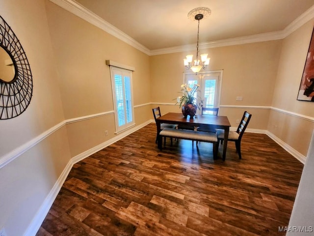 103 River Chase Ct, Wetumpka, AL 36092 - dining space with a chandelier, dark wood-style floors, crown molding, and baseboards