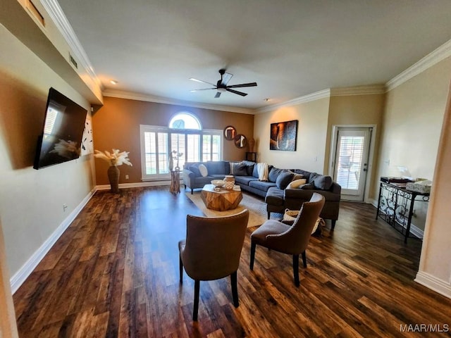 103 River Chase Ct, Wetumpka, AL 36092 - living area featuring a ceiling fan, dark wood-type flooring, baseboards, and crown molding