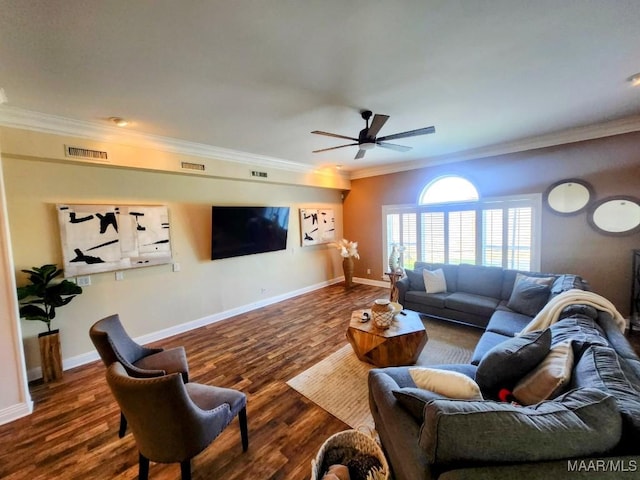 103 River Chase Ct, Wetumpka, AL 36092 - living area with ornamental molding, ceiling fan, dark wood-style flooring, and baseboards