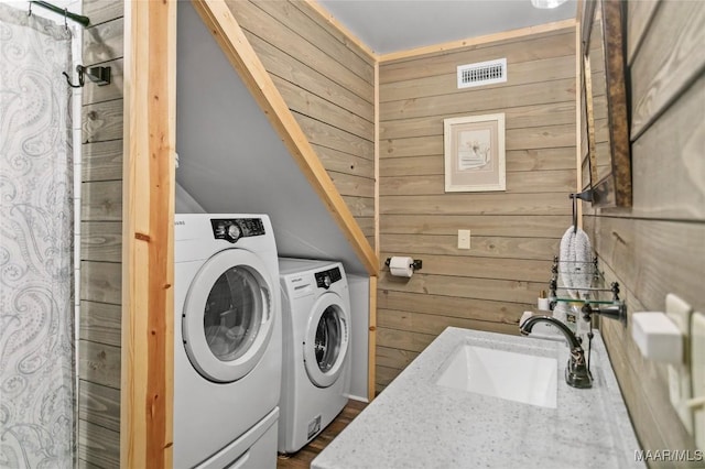 13871 Old Pike Rd, Mathews, AL 36052 - laundry area with a sink, washer and clothes dryer, and wood walls