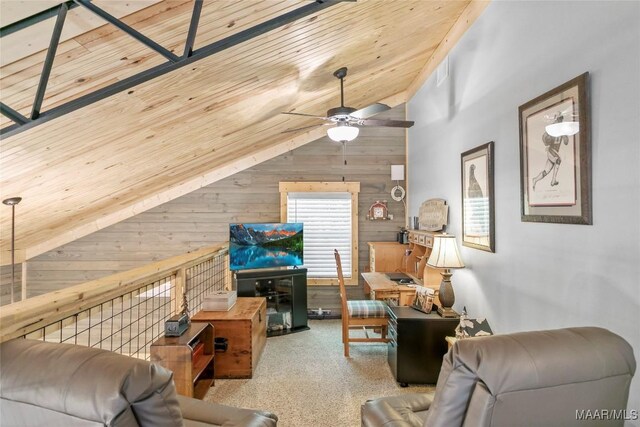 13871 Old Pike Rd, Mathews, AL 36052 - living room featuring wooden walls, ceiling fan, lofted ceiling, wood ceiling, and carpet flooring
