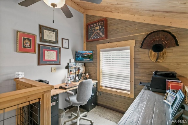 13871 Old Pike Rd, Mathews, AL 36052 - office space featuring wood walls, vaulted ceiling, and a ceiling fan