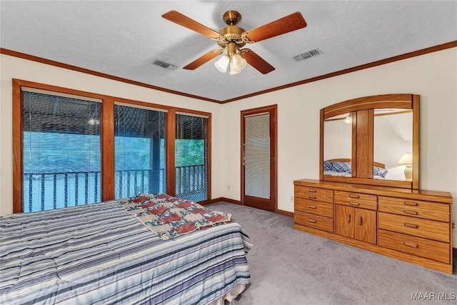 300 Elmore Rd, Titus, AL 36080 - bedroom featuring light colored carpet, baseboards, a ceiling fan, access to outside, and a textured ceiling