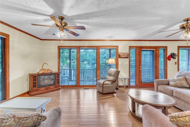 300 Elmore Rd, Titus, AL 36080 - living area featuring ceiling fan, a textured ceiling, wood finished floors, crown molding, and baseboards