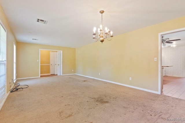 3158 Partridge Ln, Montgomery, AL 36111 - spare room with carpet, a chandelier, baseboards, and ceiling fan