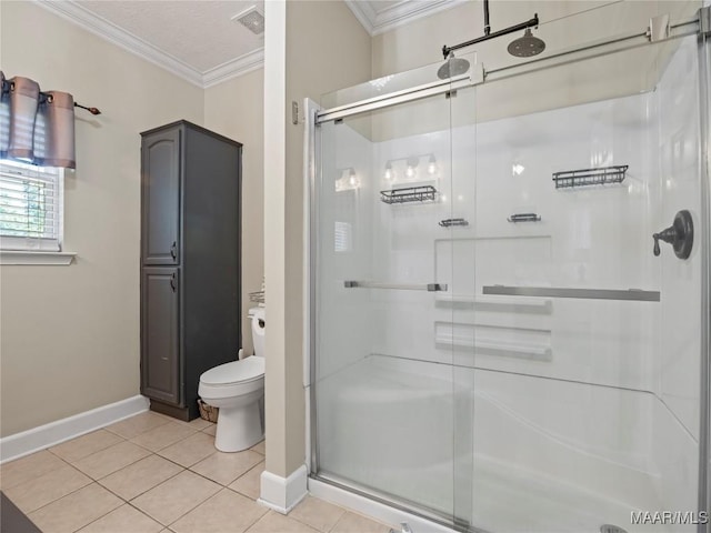 33 Glendale Acres Acres, Eclectic, AL 36024 - bathroom with ornamental molding, baseboards, a stall shower, toilet, and tile patterned flooring