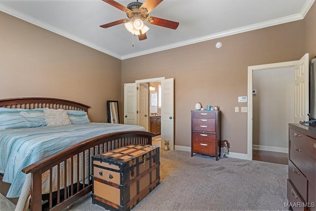 1900 Wyndgate Loop, Montgomery, AL 36117 - bedroom featuring crown molding, baseboards, light colored carpet, a ceiling fan, and connected bathroom