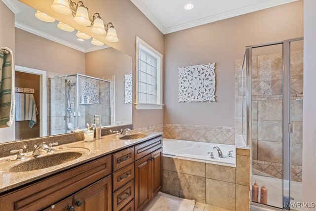 1900 Wyndgate Loop, Montgomery, AL 36117 - full bath featuring a shower stall, a bath, double vanity, and ornamental molding