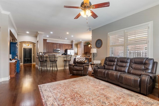 1900 Wyndgate Loop, Montgomery, AL 36117 - living room featuring ceiling fan, dark wood-style floors, crown molding, recessed lighting, and baseboards