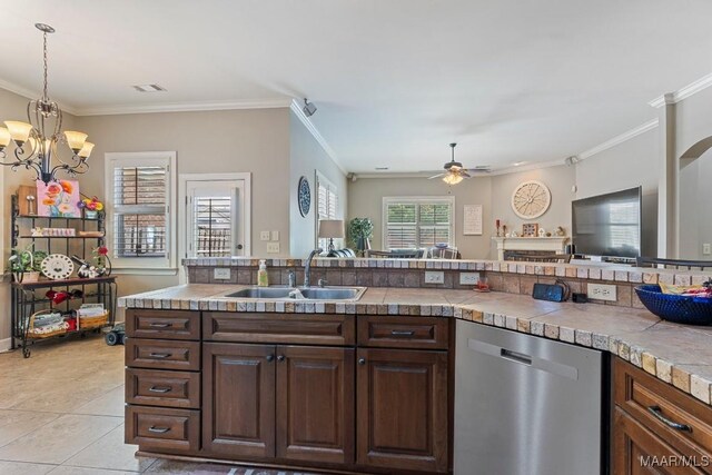 1900 Wyndgate Loop, Montgomery, AL 36117 - kitchen with dishwasher, a sink, ornamental molding, a ceiling fan, and dark brown cabinetry