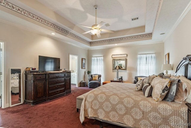 530 Old Mitylene Ct, Montgomery, AL 36117 - bedroom featuring multiple windows, dark carpet, a raised ceiling, and ornamental molding