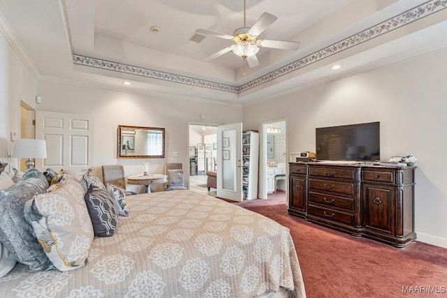 530 Old Mitylene Ct, Montgomery, AL 36117 - carpeted bedroom featuring a tray ceiling, crown molding, ensuite bathroom, baseboards, and recessed lighting