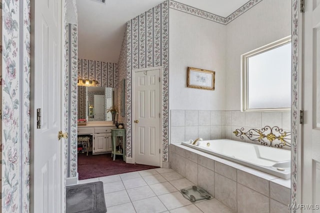 530 Old Mitylene Ct, Montgomery, AL 36117 - bathroom featuring a garden tub, vanity, tile patterned flooring, and wallpapered walls