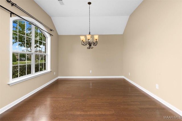 9000 Finsburry Ct, Montgomery, AL 36117 - spare room with lofted ceiling, a chandelier, dark wood-style floors, and baseboards