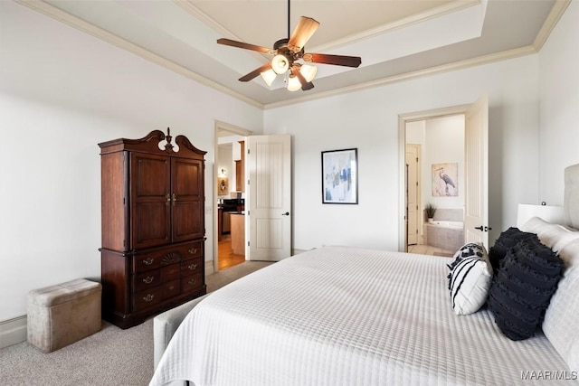 48 Stoneview Summit Ct Unit 2505, Dadeville, AL 36853 - bedroom featuring a raised ceiling, ornamental molding, light carpet, connected bathroom, and ceiling fan