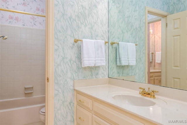 3049 Fieldcrest Dr, Montgomery, AL 36106 - full bathroom with wallpapered walls, vanity, bathing tub / shower combination, and toilet