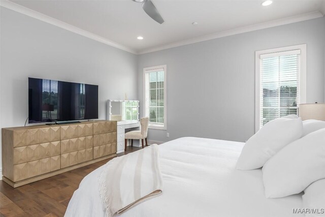 7175 Fain Park Loop, Montgomery, AL 36117 - bedroom with ornamental molding, wood finished floors, multiple windows, recessed lighting, and ceiling fan