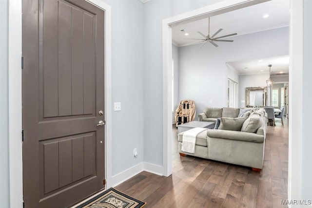 7175 Fain Park Loop, Montgomery, AL 36117 - entryway featuring dark wood-style floors, recessed lighting, baseboards, ornamental molding, and a ceiling fan
