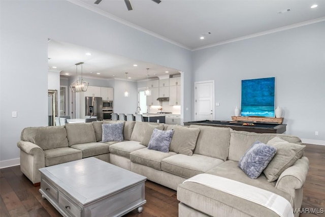 7175 Fain Park Loop, Montgomery, AL 36117 - living room featuring dark wood-style floors, crown molding, baseboards, recessed lighting, and a ceiling fan