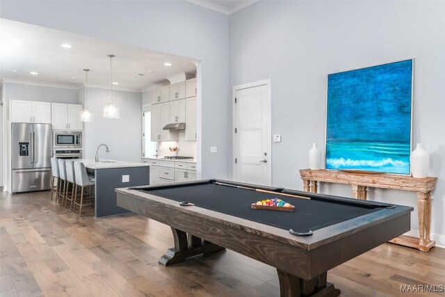 7175 Fain Park Loop, Montgomery, AL 36117 - game room with crown molding, wood finished floors, pool table, recessed lighting, and a sink