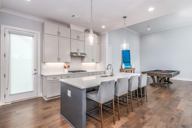 7175 Fain Park Loop, Montgomery, AL 36117 - kitchen featuring a sink, a kitchen island with sink, dark wood-style flooring, under cabinet range hood, and ornamental molding