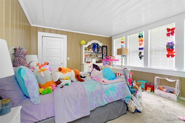 8099 County Road 59, Verbena, AL 36091 - bedroom with carpet flooring, crown molding, and wooden walls