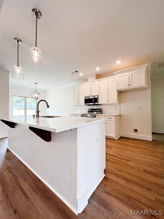 40 Serene Ln, Wetumpka, AL 36093 - kitchen featuring stainless steel appliances, wood finished floors, white cabinetry, a large island with sink, and recessed lighting
