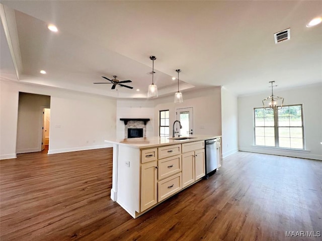 40 Serene Ln, Wetumpka, AL 36093 - kitchen with open floor plan, a fireplace, stainless steel dishwasher, a tray ceiling, and dark wood finished floors