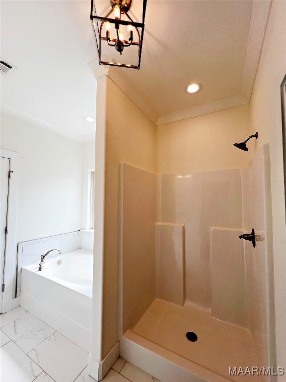 60 Serene Ln, Wetumpka, AL 36093 - bathroom with a shower stall, a bath, recessed lighting, and a chandelier