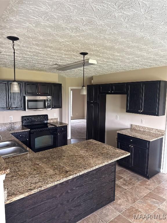 19 High Cotton Ct, Wetumpka, AL 36092 - kitchen with stainless steel microwave, black range oven, dark cabinets, a sink, and light stone counters