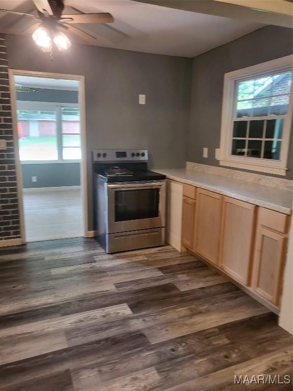 439 Gardendale Dr, Montgomery, AL 36110 - kitchen featuring stainless steel electric range oven, a ceiling fan, healthy amount of natural light, and dark wood-type flooring