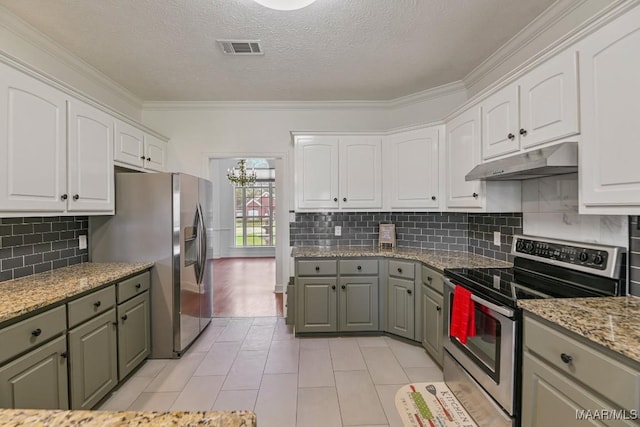 505 Mountain Ridge Rd, Millbrook, AL 36054 - kitchen with appliances with stainless steel finishes, under cabinet range hood, gray cabinets, ornamental molding, and white cabinetry