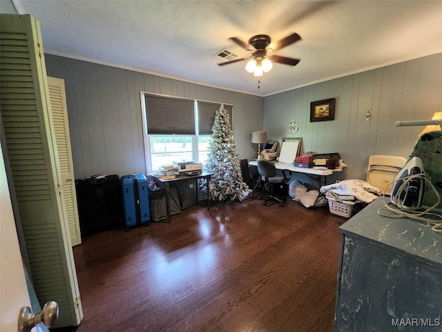 445 W Hickory Grove Rd, Lapine, AL 36046 - office space featuring ornamental molding, wood finished floors, a ceiling fan, and wood walls