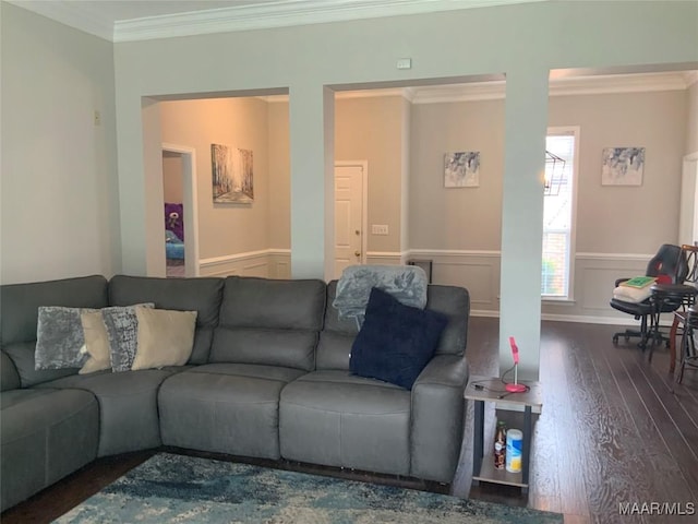 2320 Halcyon Downs Loop, Montgomery, AL 36117 - living room with wood finished floors, crown molding, a wainscoted wall, and a decorative wall