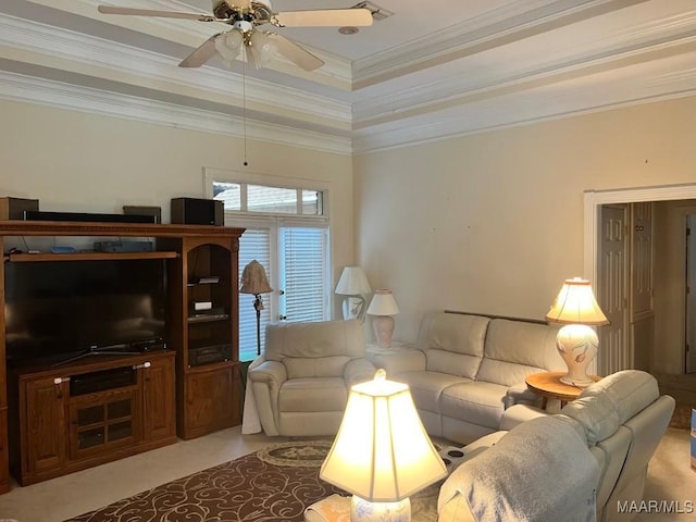 1915 Emerald Mountain Pkwy, Wetumpka, AL 36093 - living area with ceiling fan, crown molding, and a raised ceiling