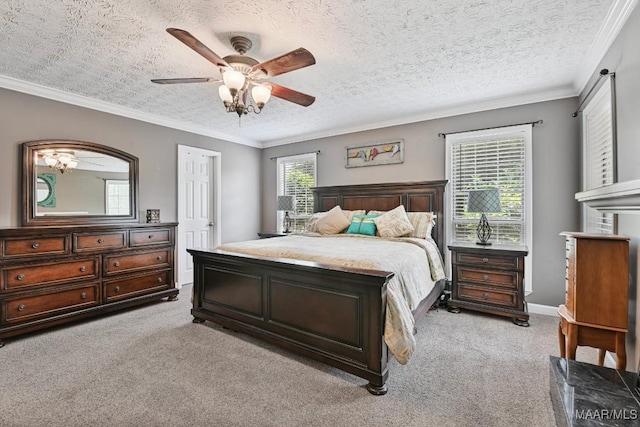 594 Lewis Rd, Deatsville, AL 36022 - bedroom featuring light colored carpet, crown molding, ceiling fan, a textured ceiling, and baseboards