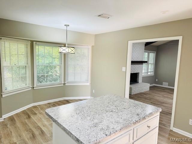 6118 Helga Pl, Montgomery, AL 36117 - kitchen featuring light wood-type flooring, plenty of natural light, pendant lighting, and baseboards
