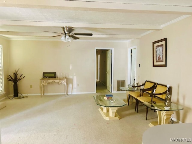 108 Shawnee Dr, Wetumpka, AL 36092 - living area with beamed ceiling, carpet floors, crown molding, baseboards, and ceiling fan